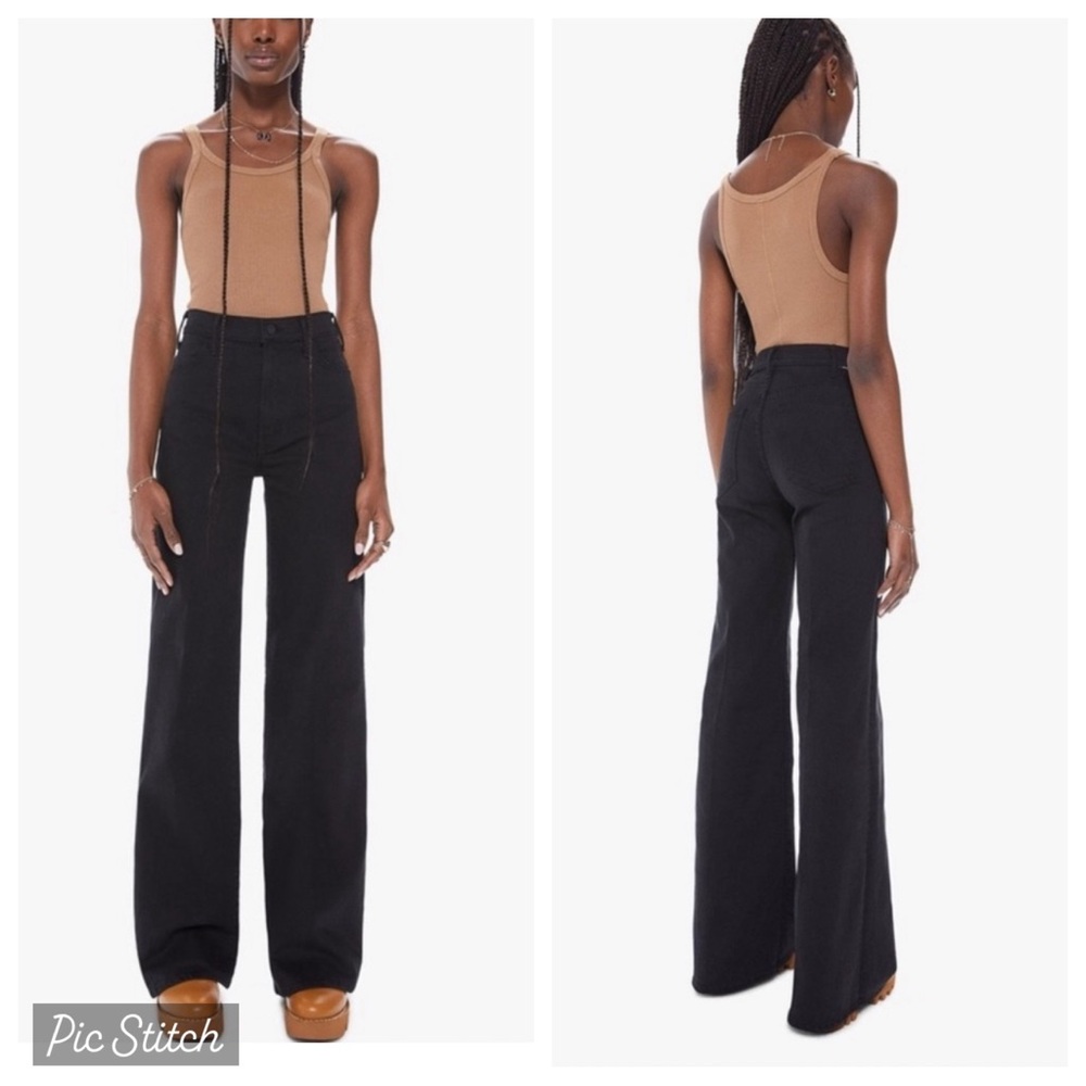 MOTHER The Hustler Roller Heel Wide Leg Jeans Pitch Black High Rise Stretch 28